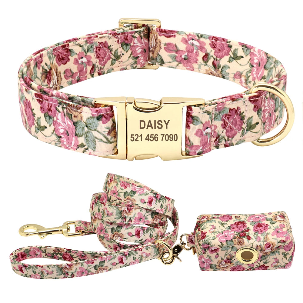 Floral Dog Collar & Leash Set – Custom Nylon Collar with Treat Bag, Adjustable Pet Collar for Small, Medium & Large Dogs