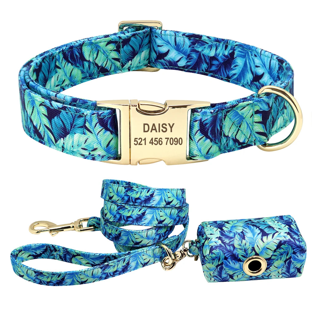 Floral Dog Collar & Leash Set – Custom Nylon Collar with Treat Bag, Adjustable Pet Collar for Small, Medium & Large Dogs