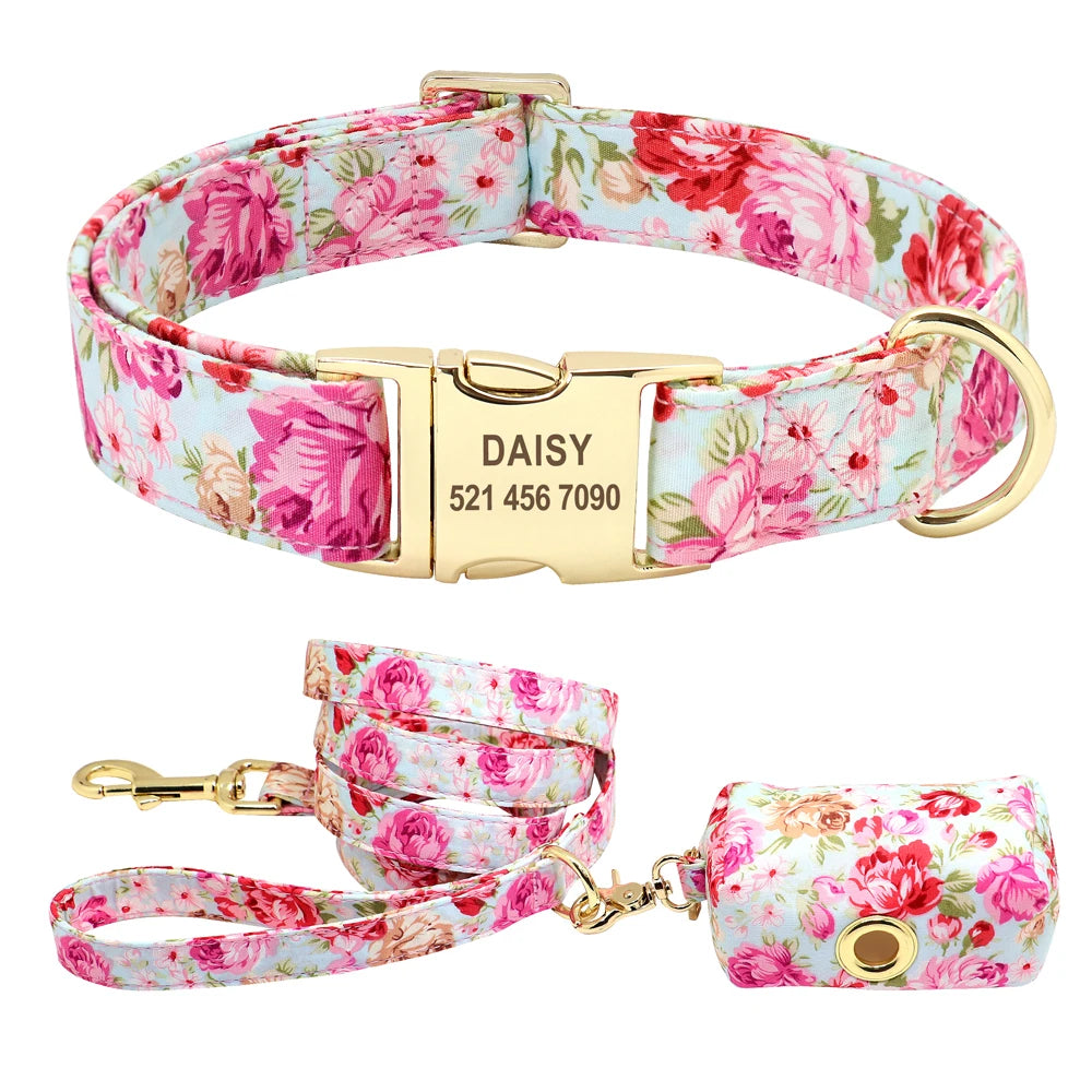 Floral Dog Collar & Leash Set – Custom Nylon Collar with Treat Bag, Adjustable Pet Collar for Small, Medium & Large Dogs
