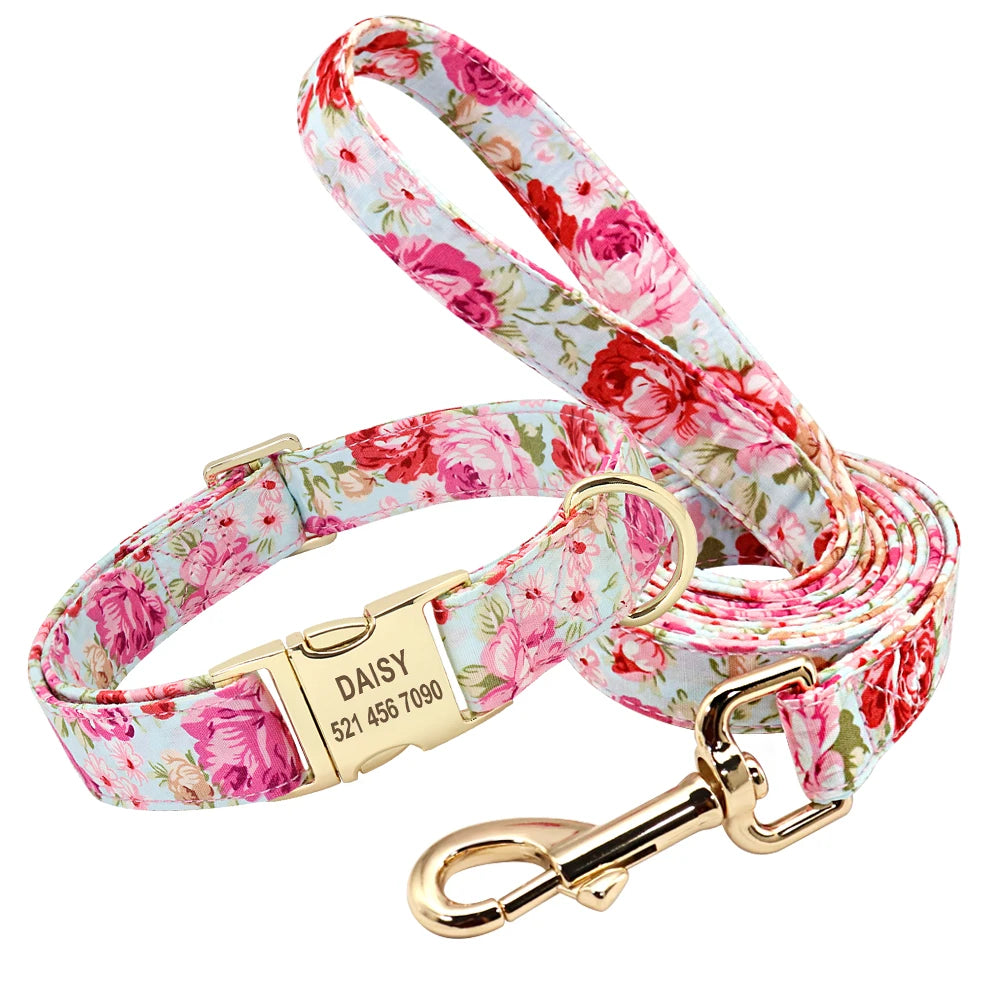 Floral Dog Collar & Leash Set – Custom Nylon Collar with Treat Bag, Adjustable Pet Collar for Small, Medium & Large Dogs