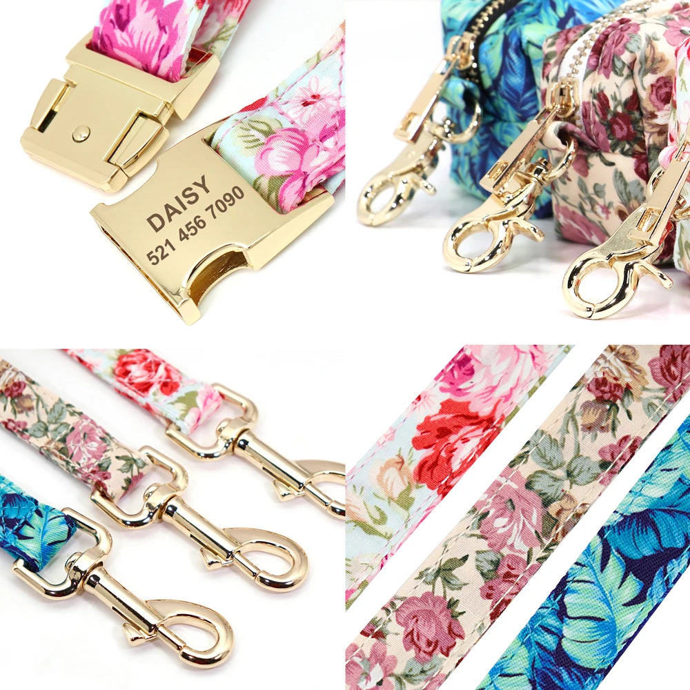 Floral Dog Collar & Leash Set – Custom Nylon Collar with Treat Bag, Adjustable Pet Collar for Small, Medium & Large Dogs