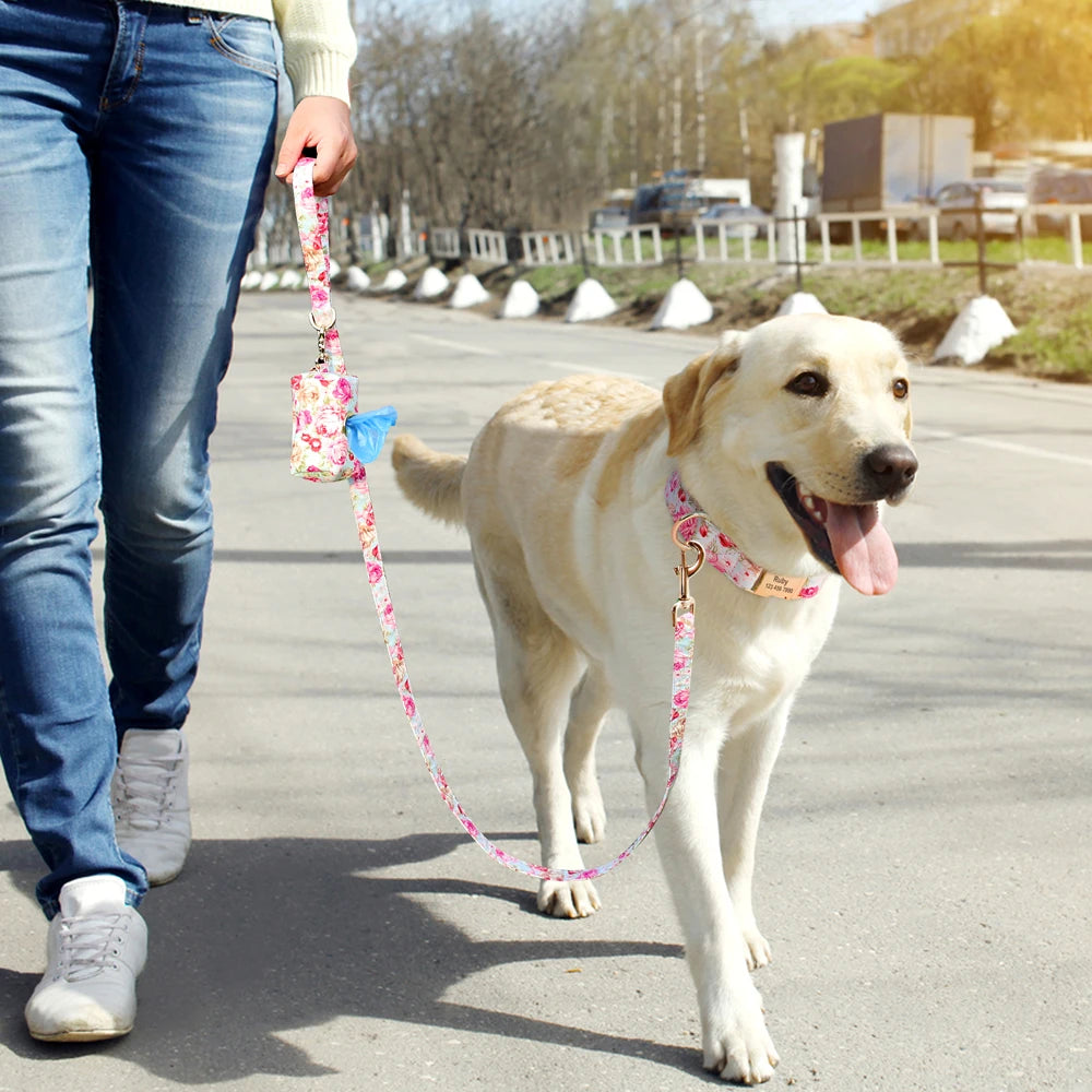 Floral Dog Collar & Leash Set – Custom Nylon Collar with Treat Bag, Adjustable Pet Collar for Small, Medium & Large Dogs
