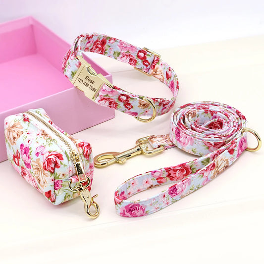 Floral Dog Collar & Leash Set – Custom Nylon Collar with Treat Bag, Adjustable Pet Collar for Small, Medium & Large Dogs