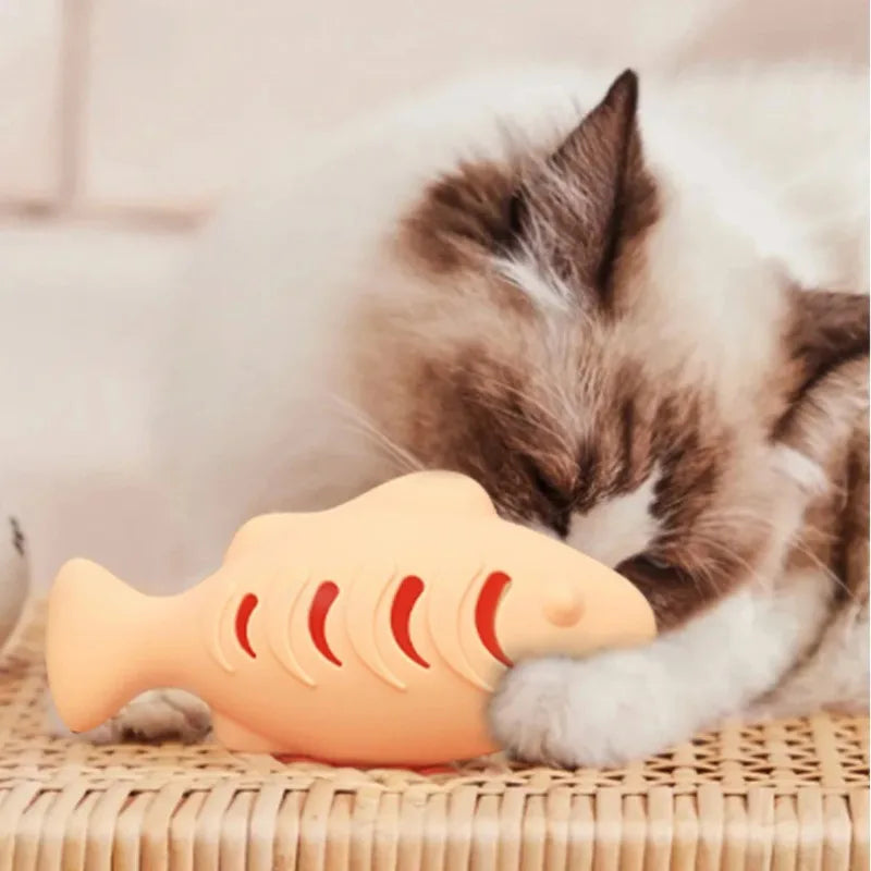 Interactive Cat Toy Food Dispenser for Indoor Cats Blue Treat & Catnip Stuffer Engaging Silicone Fish Chew Toy for Dental Care
