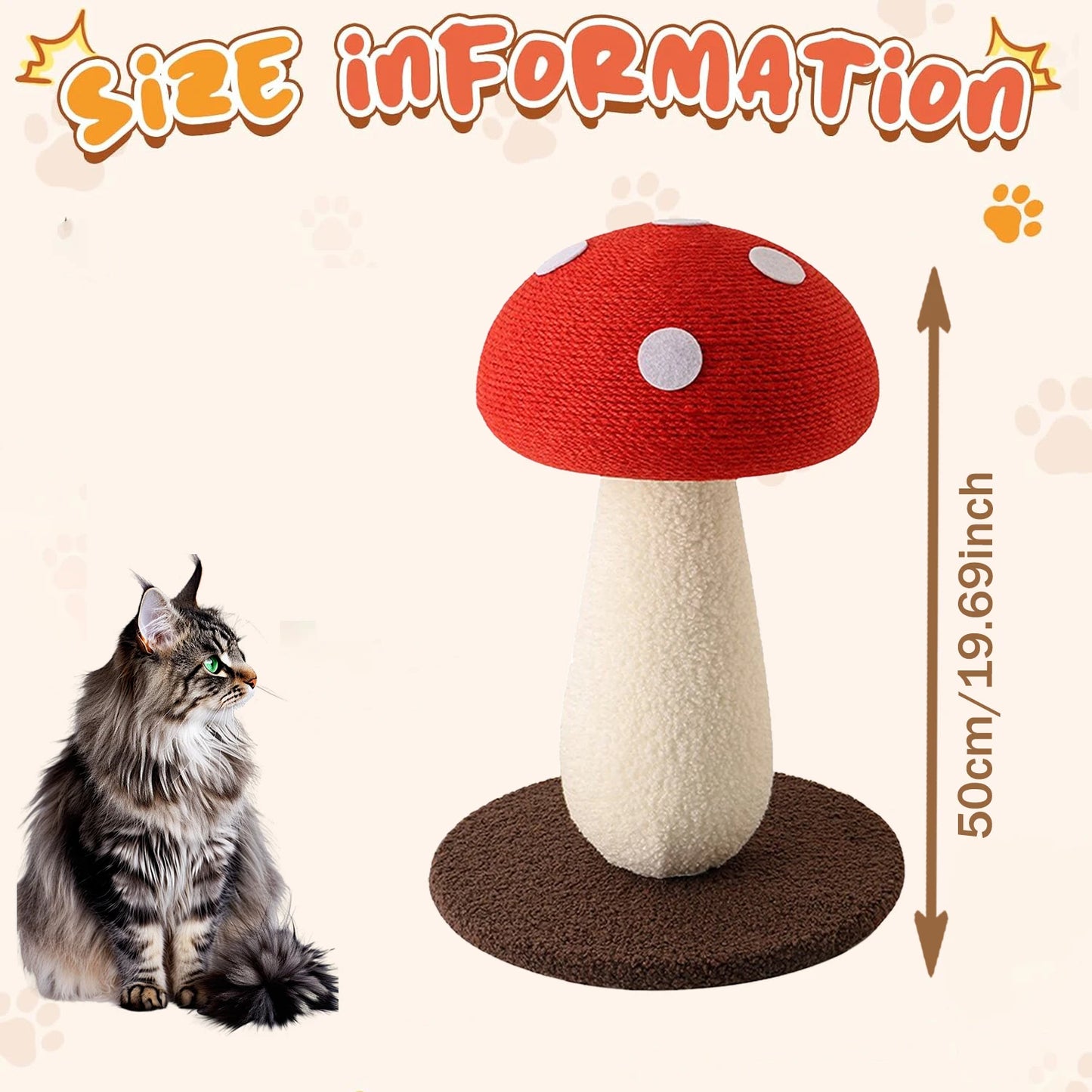 Mushroom Cat Scratching Post – Cute Sisal-Wrapped Cat Tower, Stable Vertical Mushroom Design for Cats of All Sizes (19.7")