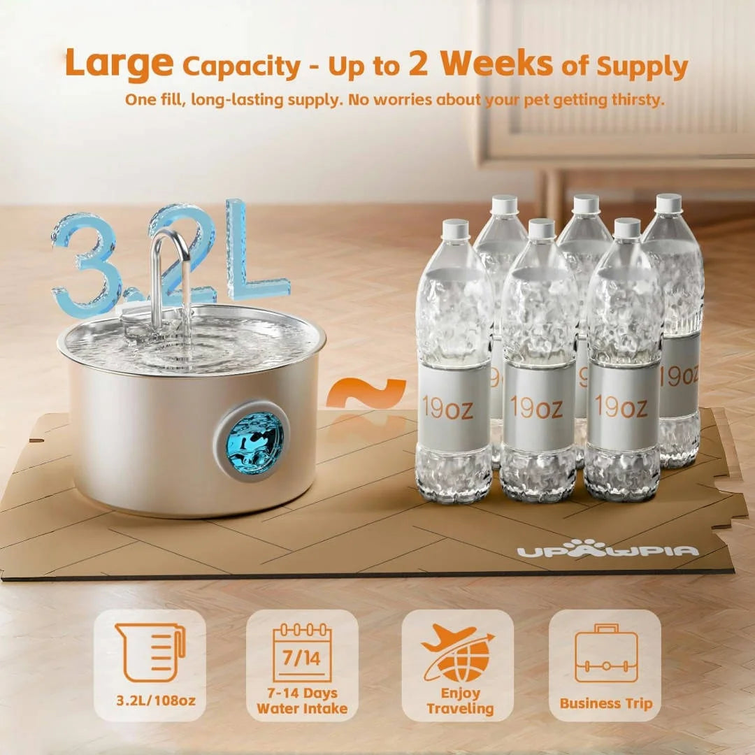 Stainless Steel Cat Water Fountain , 108oz Pet Fountain Dispenser Automatic for Inside Dog Cats Drinking Replaceable filters