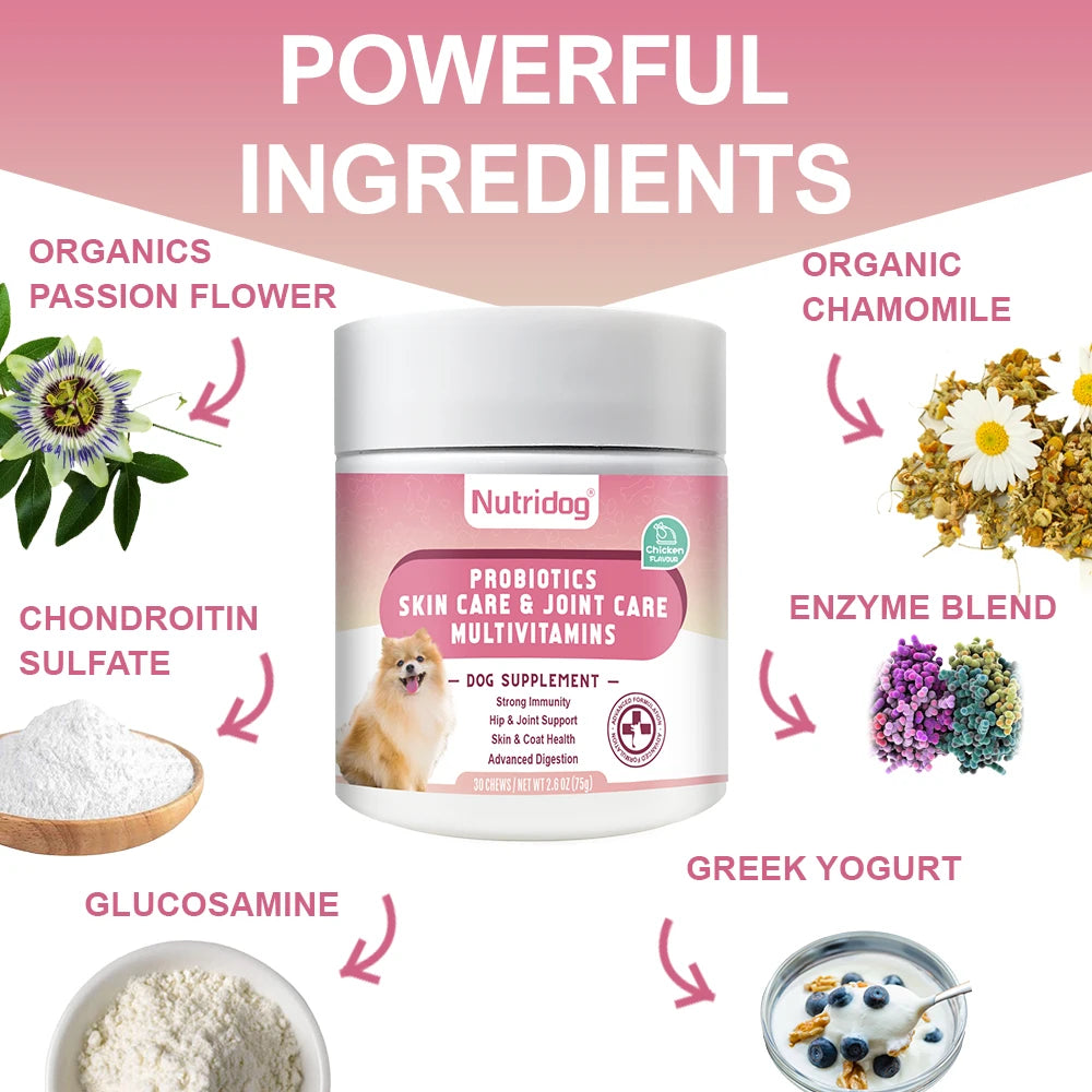 NUTRIDOG Dog Multivitamin Chews Probiotics Glucosamine Digestive Enzymes Supports Joint Health Immune System Gut 30 PCS/Bottle