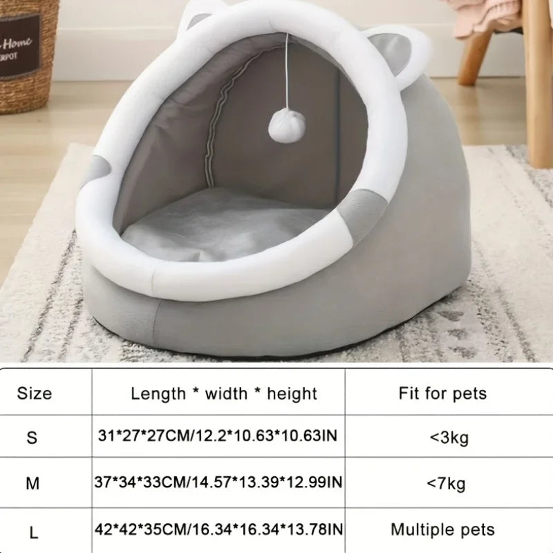 1 Comfortable Cartoon Cat House with Removable Pad, Modern Style Pet Bed Cave, Indoor Plush House Bed with Pompom