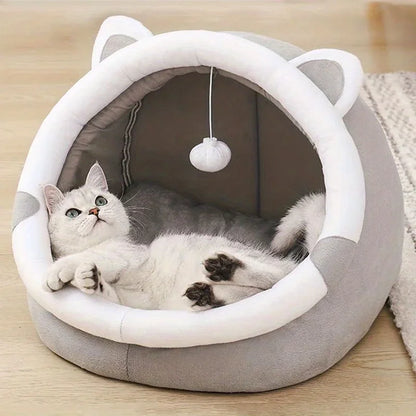 1 Comfortable Cartoon Cat House with Removable Pad, Modern Style Pet Bed Cave, Indoor Plush House Bed with Pompom