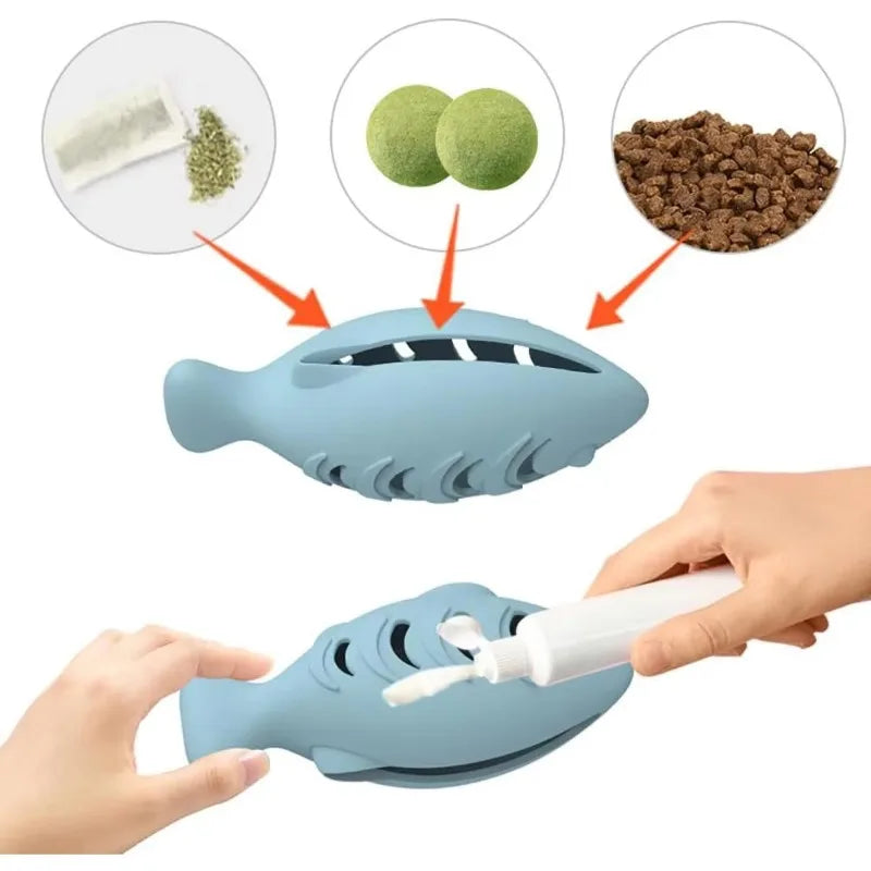 Interactive Cat Toy Food Dispenser for Indoor Cats Blue Treat & Catnip Stuffer Engaging Silicone Fish Chew Toy for Dental Care