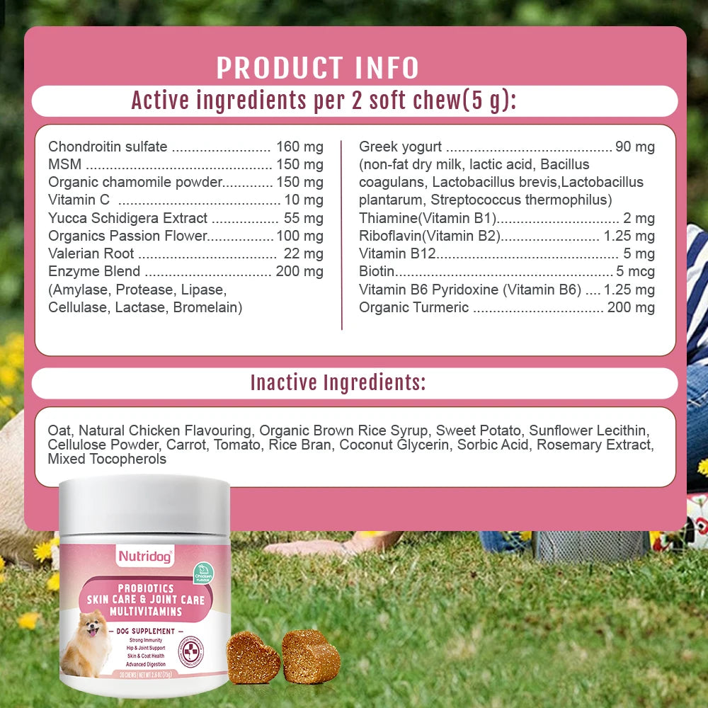 NUTRIDOG Dog Multivitamin Chews Probiotics Glucosamine Digestive Enzymes Supports Joint Health Immune System Gut 30 PCS/Bottle