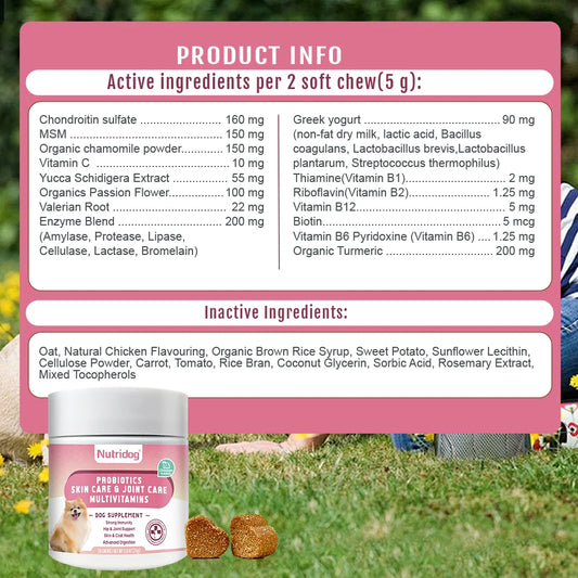 NUTRIDOG Dog Multivitamin Chews Probiotics Glucosamine Digestive Enzymes Supports Joint Health Immune System Gut 30 PCS/Bottle