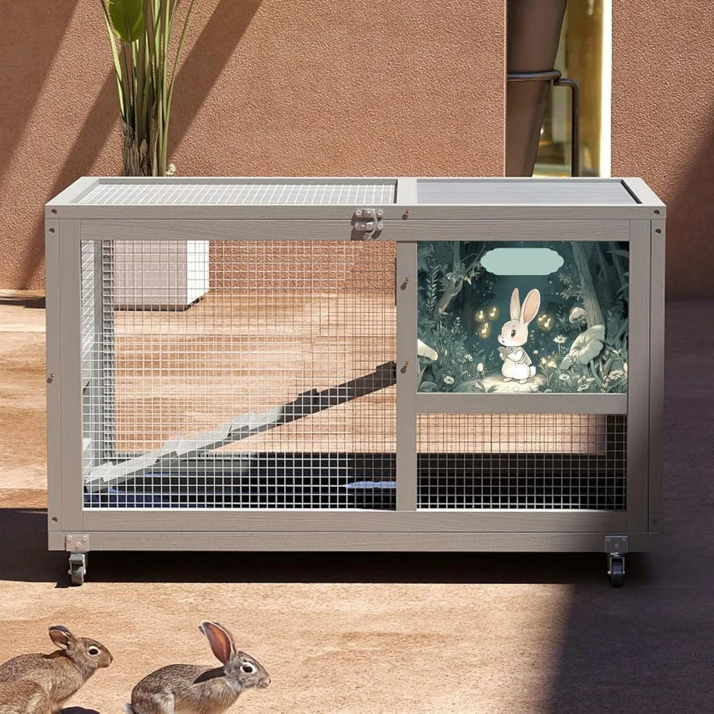 Fashionable Wooden Rabbit Hutch with 36-Inch Size, Indoor & Outdoor Use, Wheels, Removable Clean Tray, Openable Roof, and Anti-C