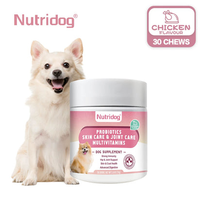 NUTRIDOG Dog Multivitamin Chews Probiotics Glucosamine Digestive Enzymes Supports Joint Health Immune System Gut 30 PCS/Bottle