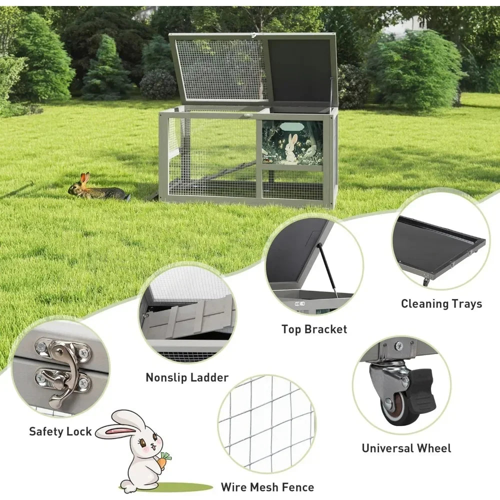 Fashionable Wooden Rabbit Hutch with 36-Inch Size, Indoor & Outdoor Use, Wheels, Removable Clean Tray, Openable Roof, and Anti-C