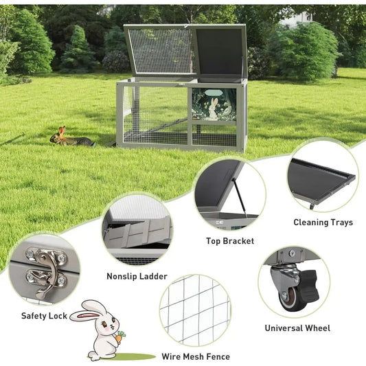 Fashionable Wooden Rabbit Hutch with 36-Inch Size, Indoor & Outdoor Use, Wheels, Removable Clean Tray, Openable Roof, and Anti-C