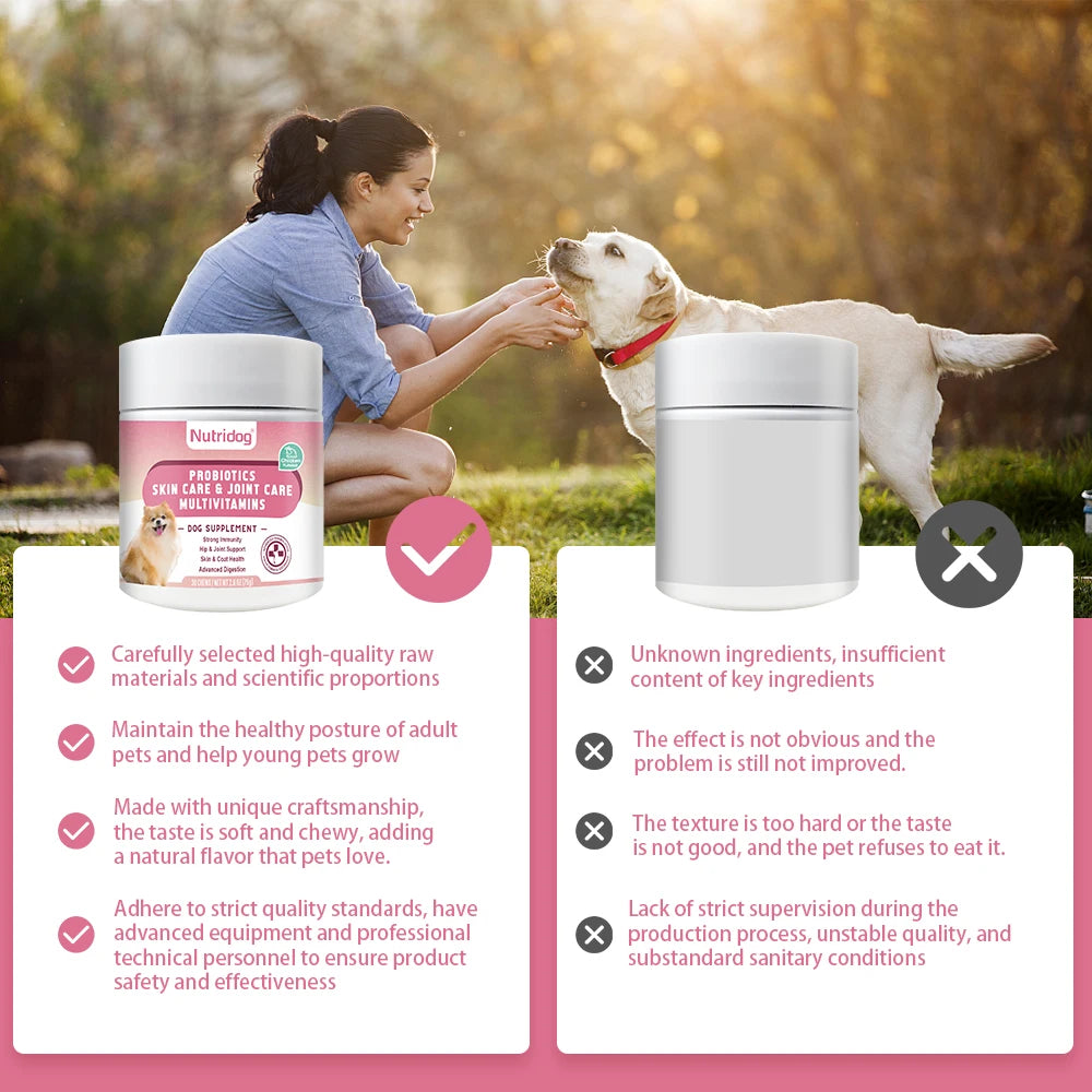 NUTRIDOG Dog Multivitamin Chews Probiotics Glucosamine Digestive Enzymes Supports Joint Health Immune System Gut 30 PCS/Bottle