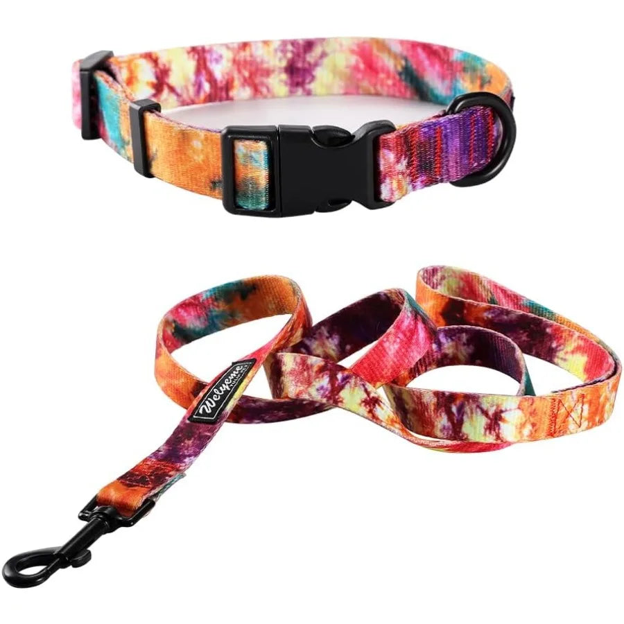 Rainbow Tie-Dye Dog Collar & Leash Set – Adjustable Pet Collar for XS, Small, Medium & Large Dogs, Stylish & Durable Design