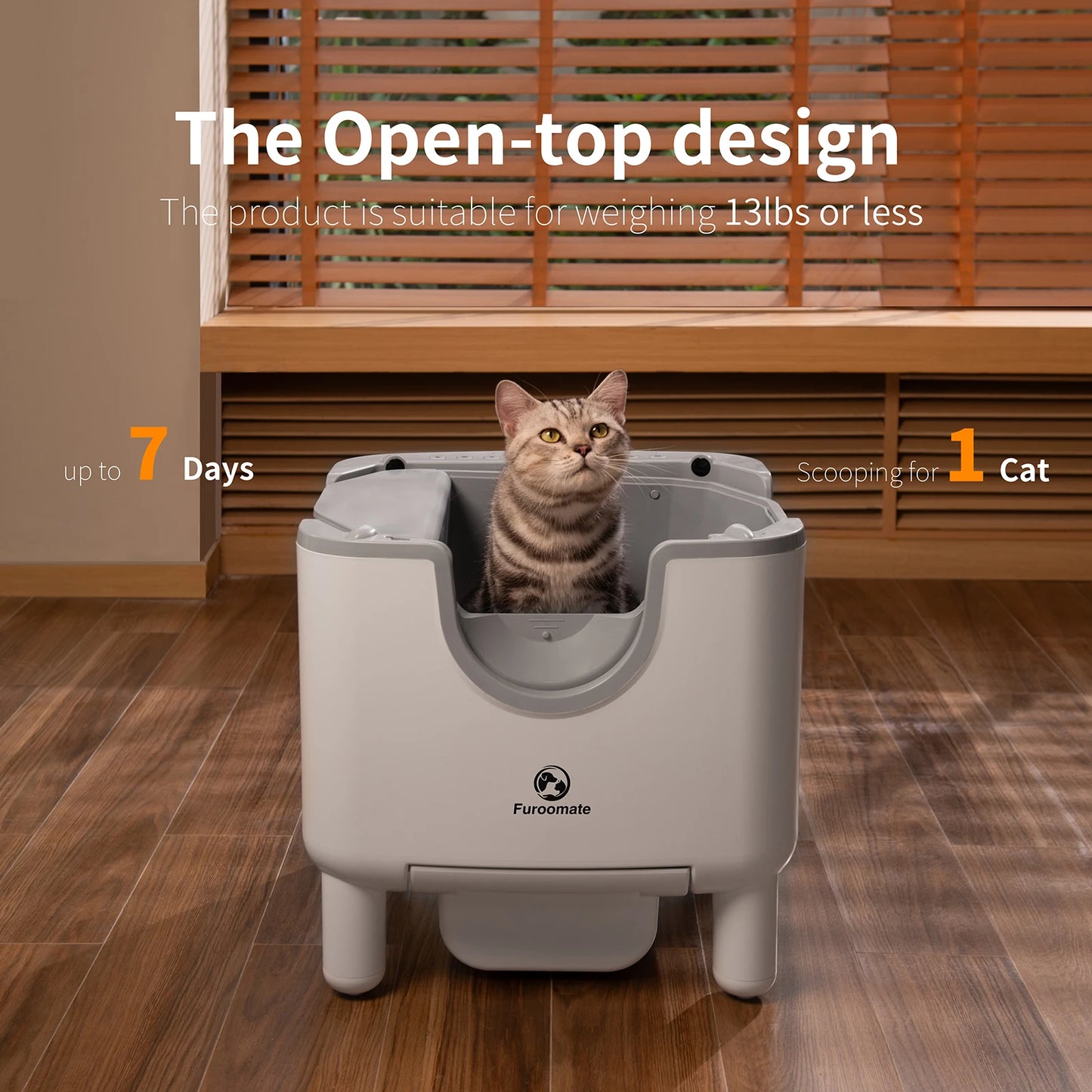 F6 Self-Cleaning Cat Litter Box – Open-Top Automatic Litter Box with Smart Safety Sensors, Odor Control & Easy Maintenance (Furoomate)