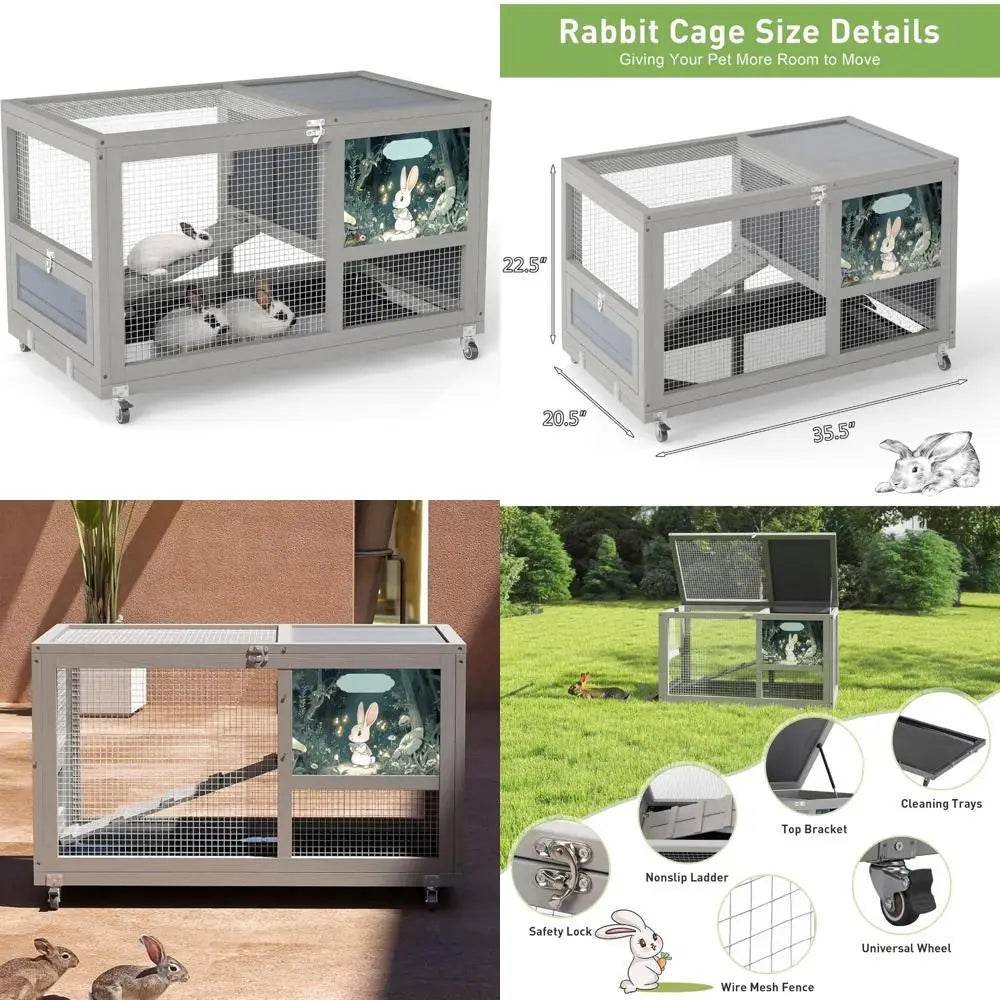 Fashionable Wooden Rabbit Hutch with 36-Inch Size, Indoor & Outdoor Use, Wheels, Removable Clean Tray, Openable Roof, and Anti-C