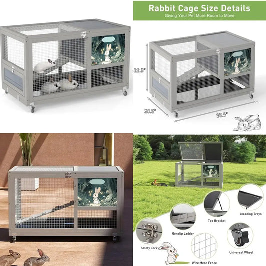 Fashionable Wooden Rabbit Hutch with 36-Inch Size, Indoor & Outdoor Use, Wheels, Removable Clean Tray, Openable Roof, and Anti-C