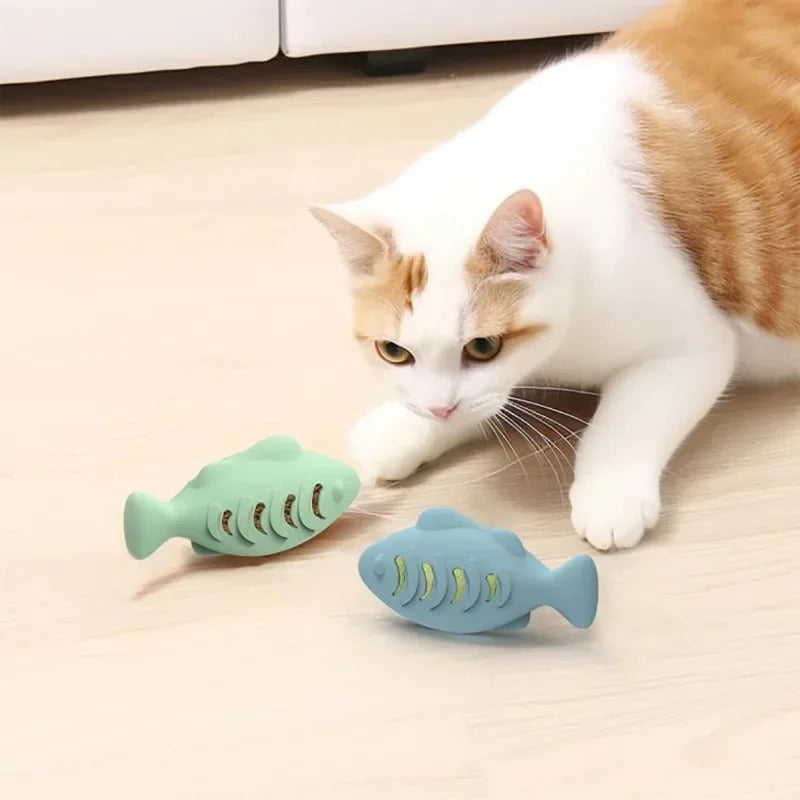 Interactive Cat Toy Food Dispenser for Indoor Cats Blue Treat & Catnip Stuffer Engaging Silicone Fish Chew Toy for Dental Care