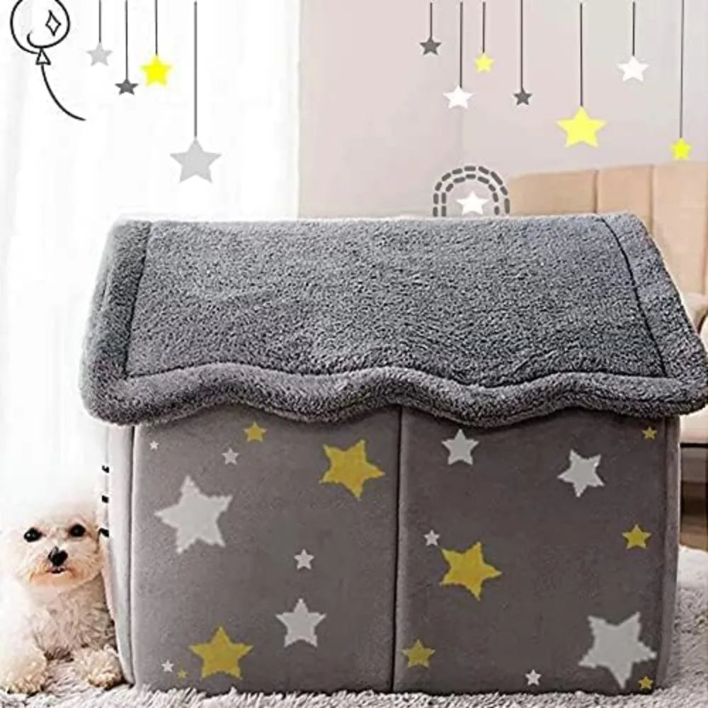 Foldable Indoor Dog House with Memory Foam Cushion – Warm Plush Kennel Bed for Dogs & Cats, Custom Name Tag, Winter Comfort