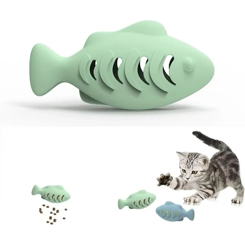 Interactive Cat Toy Food Dispenser for Indoor Cats Blue Treat & Catnip Stuffer Engaging Silicone Fish Chew Toy for Dental Care